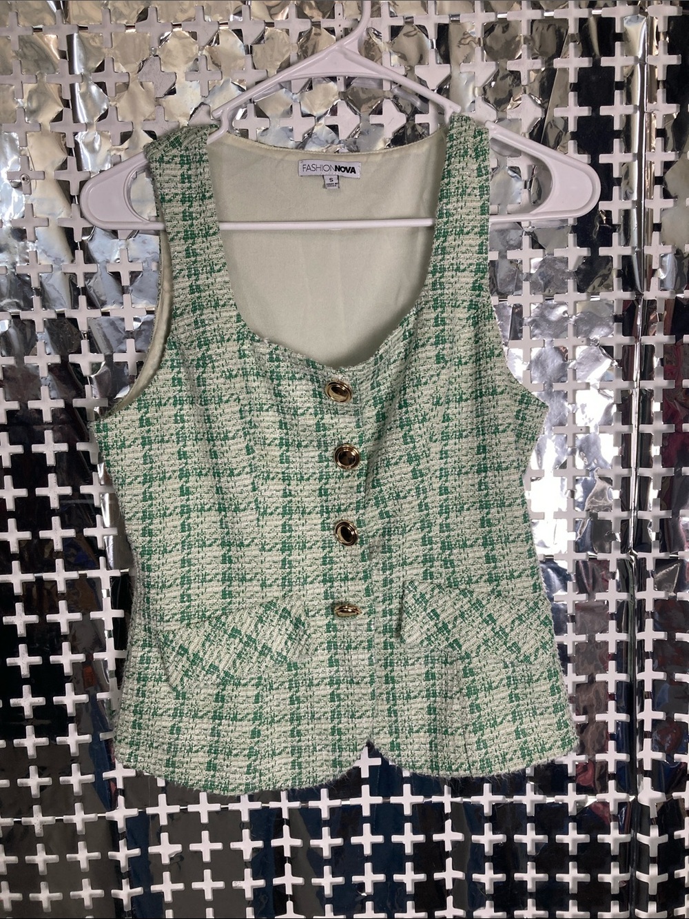 Fashion Nova Green Tweed Button-Up Camisole
